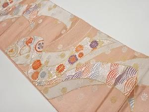 リサイクル　熨斗に菊・家紋・波模様織出し袋帯